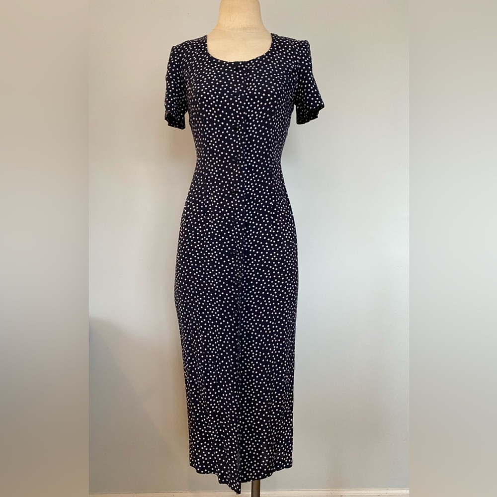 Vintage Maggy London Navy Polka Dot Buttoned Short Sleeve Midi Dress